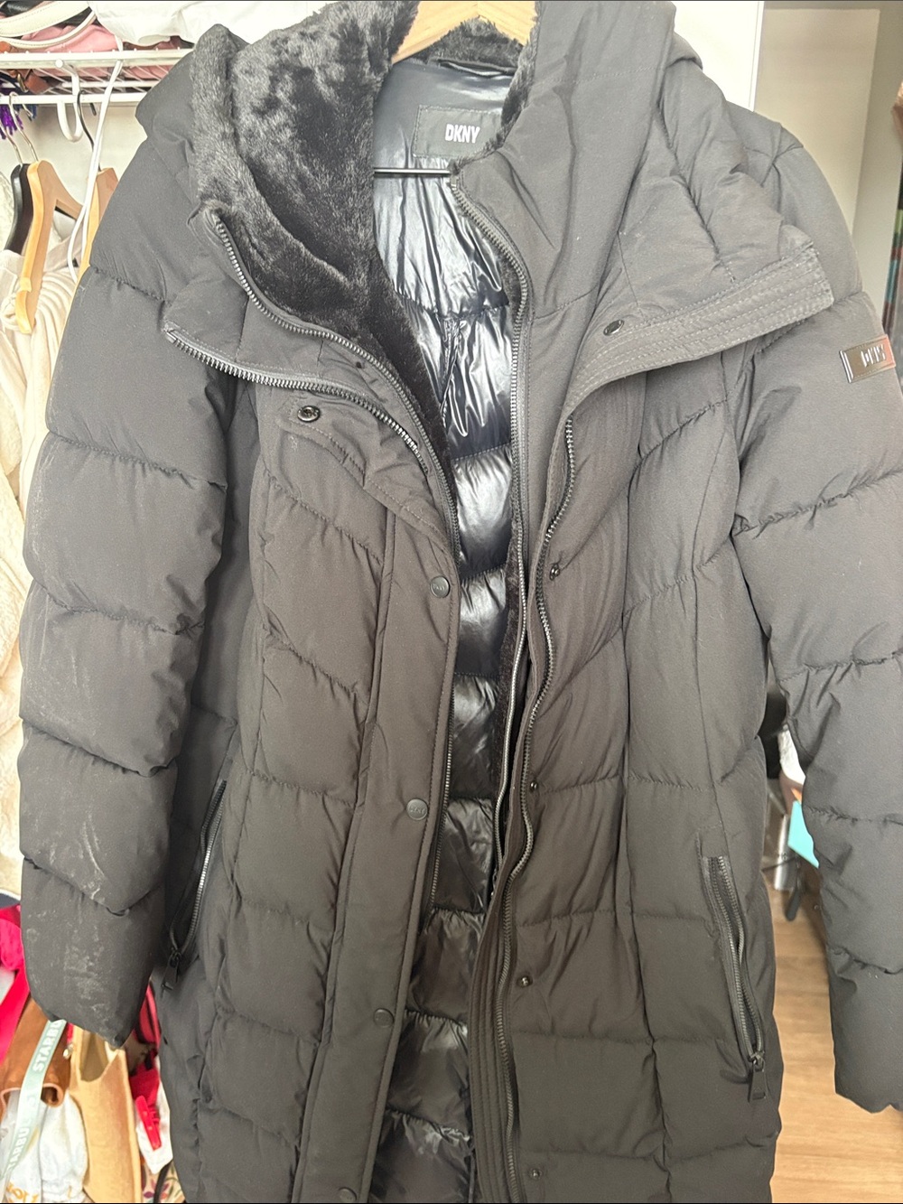 DKNY Black Quilted Long Puffer Coat with Faux Fur Trim
